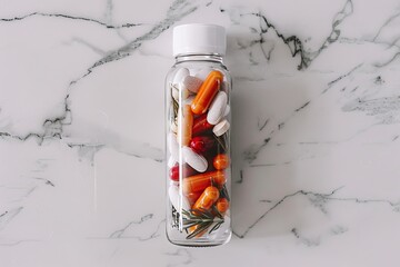 Colorful collection of herbal remedies and pills in a transparent glass container