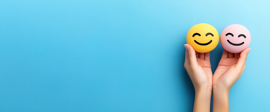 Hand holding cute pastel-colored smiley face and sad emoji symbols on a blue background, a positive thinking concept for customer experience in the manufacturing business.