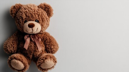 Fototapeta premium A cute, plush brown teddy bear sits against a soft gray background, embodying comfort and nostalgia, making it a perfect companion for children and a cherished keepsake.