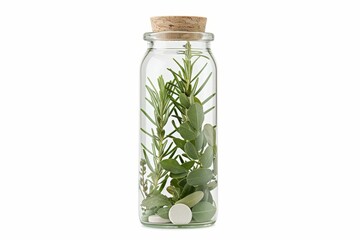 Variety of herbal remedies and capsules displayed in a transparent glass container