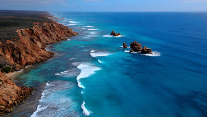 Aerial view of a rugged coastline with red cliffs meeting turquoise ocean waters and crashing waves.