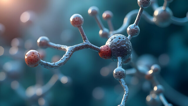 Microscopic atomic-level view of ivermectin 3D molecular structure model displaying antiparasitic drug chemical formula