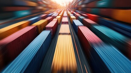 An abstract representation of shipping containers in vivid colors zooming past in a dynamic motion blur, capturing the essence of transit and global commerce.