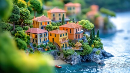 Fototapeta premium Miniature coastal village on rocky outcropping with quaint houses nestled among lush greenery overlooking calm blue water