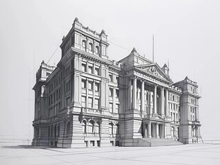 architectural sketch of a magnificent building with a classical facade and decorative ornaments typical of the 19th century.