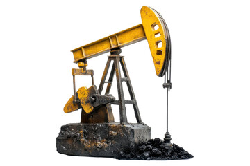 Yellow oil pump jack model isolated on transparent background