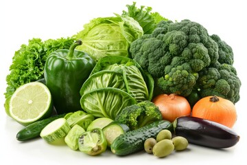 Fresh green vegetables displayed on a white background for healthy eating inspiration
