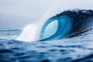 Isolated image of a curling ocean wave breaking with foam and spray on a white background