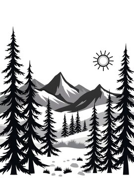 A Black and White Forest Scene Mountains, Trees, Sun, and a Leafy Silhouette, Illustrating Natures Simplicity.
