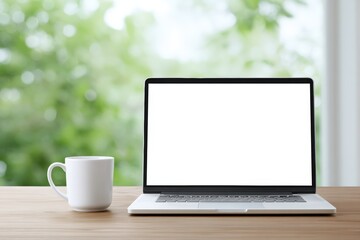 Fototapeta premium Laptop mock up with blank screen placed on wooden desk beside white coffee cup, surrounded by soft natural light and greenery, creating a serene workspace atmosphere for design projects