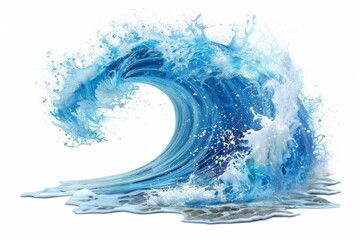 Dynamic ocean wave curling and breaking with foam and spray isolated against a white background