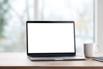 Laptop mock up with blank screen on wooden desk beside white coffee mug, featuring soft natural light from window, creating a calm and inviting workspace atmosphere for design projects