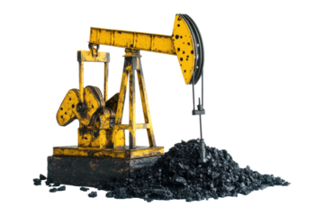 Vintage yellow oil pump jack on coal pile isolated on transparent background