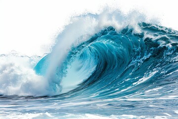 Curling ocean wave with foam and spray, isolated on a white background for visual impact