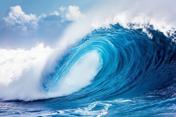 Dynamic ocean wave curling and breaking with foam and spray isolated on a clean white background