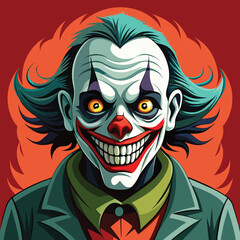 A clown with green hair and a sinister smile portrait art