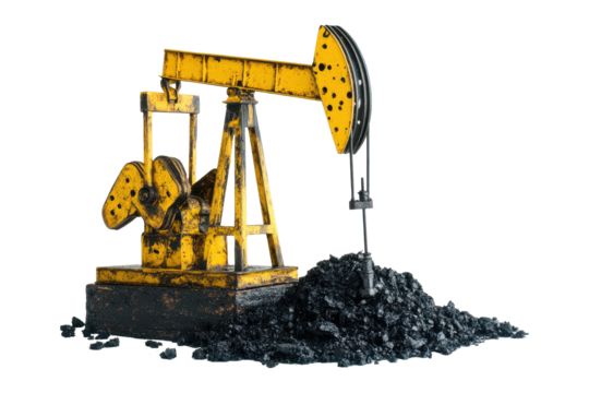 Vintage yellow oil pump jack on coal pile isolated on transparent background