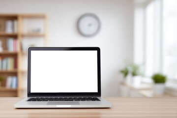 Fototapeta premium Laptop mock up with blank screen placed on wooden desk in modern workspace, featuring bookshelves, clock, and plants in the background, ideal for design projects and creative presentations