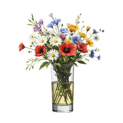 A vibrant wildflower arrangement with daisies, poppies, and cornflowers in a transparent glass vase on a white background, fresh and lively.