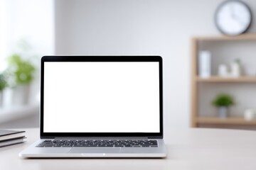 Laptop mock up with blank screen placed on a modern desk, surrounded by notebooks and a stylish shelf, creating a clean workspace atmosphere ideal for design projects and digital presentations