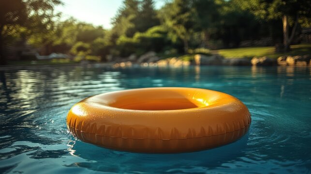 Serene summer scene orange inflatable ring float glistens swimming pool peaceful calm water leisure