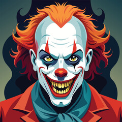 Illustration of a scary clown with red hair and yellow eyes