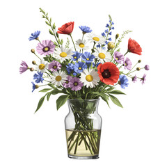 Obraz premium A vibrant wildflower arrangement with daisies, poppies, and cornflowers in a transparent glass vase on a white background, fresh and lively.