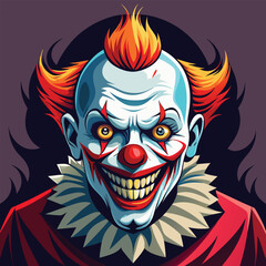 Illustrated scary clown with red nose and orange hair