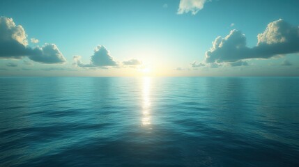 Serene expanse of turquoise sea under sunlight sky with fluffy cloudscape in tranquil seascape view horizon