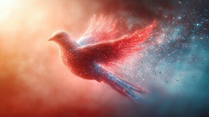 Artistic bird design digital artwork in flight with glow effect against vibrant blue and orange colorful background