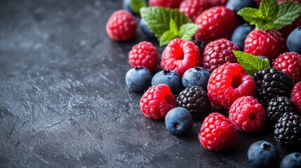 Delicious Assortment of Fresh Berries on a Dark Stone Surface a Vibrant Still Life Food Photo