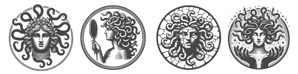 Vintage Hand-Drawn Medusa Collection Illustration, Mythology Creature Engraved Style Vector for T-Shirts and Fantasy Themes Design