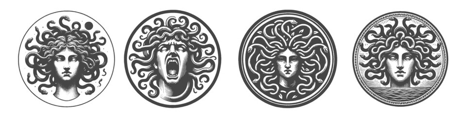 Vintage Hand-Drawn Medusa Scream Collection Illustration, Mythology Engraved Style Vector for T-Shirts and Horror Themes Design