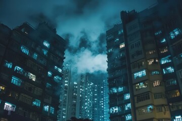 Timelapse of clouds reflecting off buildings in a cityscape at night, A timelapse of cloud reflecting the building in the business town wide shot tilt