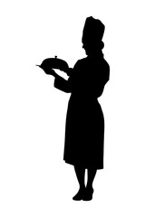 Silhouette of a female chef holding a tray with food