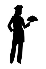 Silhouette of a female chef holding a tray with food