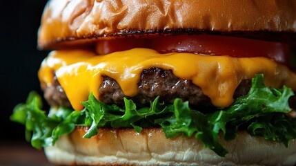 Close-up of a juicy cheeseburger with melted cheddar, a toasted bun, lettuce, and tomato, set against a dark background