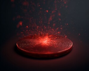 crimson red levitating wireless charging disc particle energy burst effect ambient lighting abstract electronics illustration