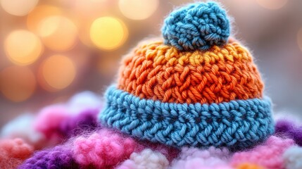 Cozy Knitted Beanie with Pom Pom in Warm Orange and Blue Tones on Fluffy Multicolored Background Abstract Style
