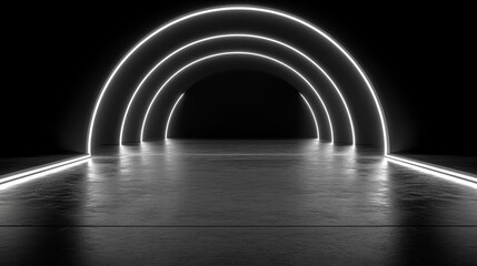 Dramatic modern abstract corridor with glowing neon curves in minimalist black and white tones creating dynamic reflections