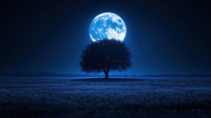Serene moonlit night with majestic tree standing tall in peaceful field landscape and starry night sky in atmospheric view