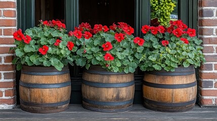 Fototapeta premium Red flowers in aged wooden barrels
