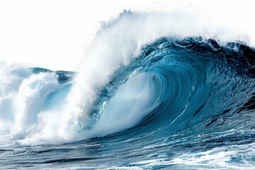 Dynamic ocean wave curling and crashing with foam and spray isolated on a white background