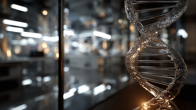 A biotech lab with a growing 3D holographic DNA helix