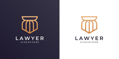 Minimalist law firm logo template. Golden letter M with lawyer, pillar and shield vector illustration.