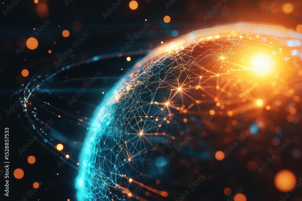 Poster stunning digital view of planet with illuminated connections and vibrant colors, zoom in of planet d