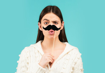 Girl, moustache and happy with prop. Comic woman portrait. Funny face with moustache on stick....