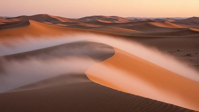 Panoramic View Of Sand Dunes In A Desert With Blowing Dust Under A Cloudy Sky