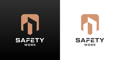 Shield and building logos. Safety worker icon for construction services.