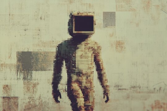 Vintage pixelated computer gaming character explores a digital landscape with a retro aesthetic, Old vintage style Pixelated computer gaming character walking Front walk 3d rendering